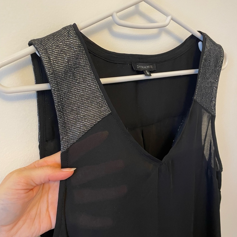Dynamite Black Sleeveless Semi-Sheer Blouse with Metallic Details